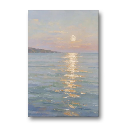 Coastal Art Prints Moon Path Over Calm Sea - Canvas Wall Art - Front