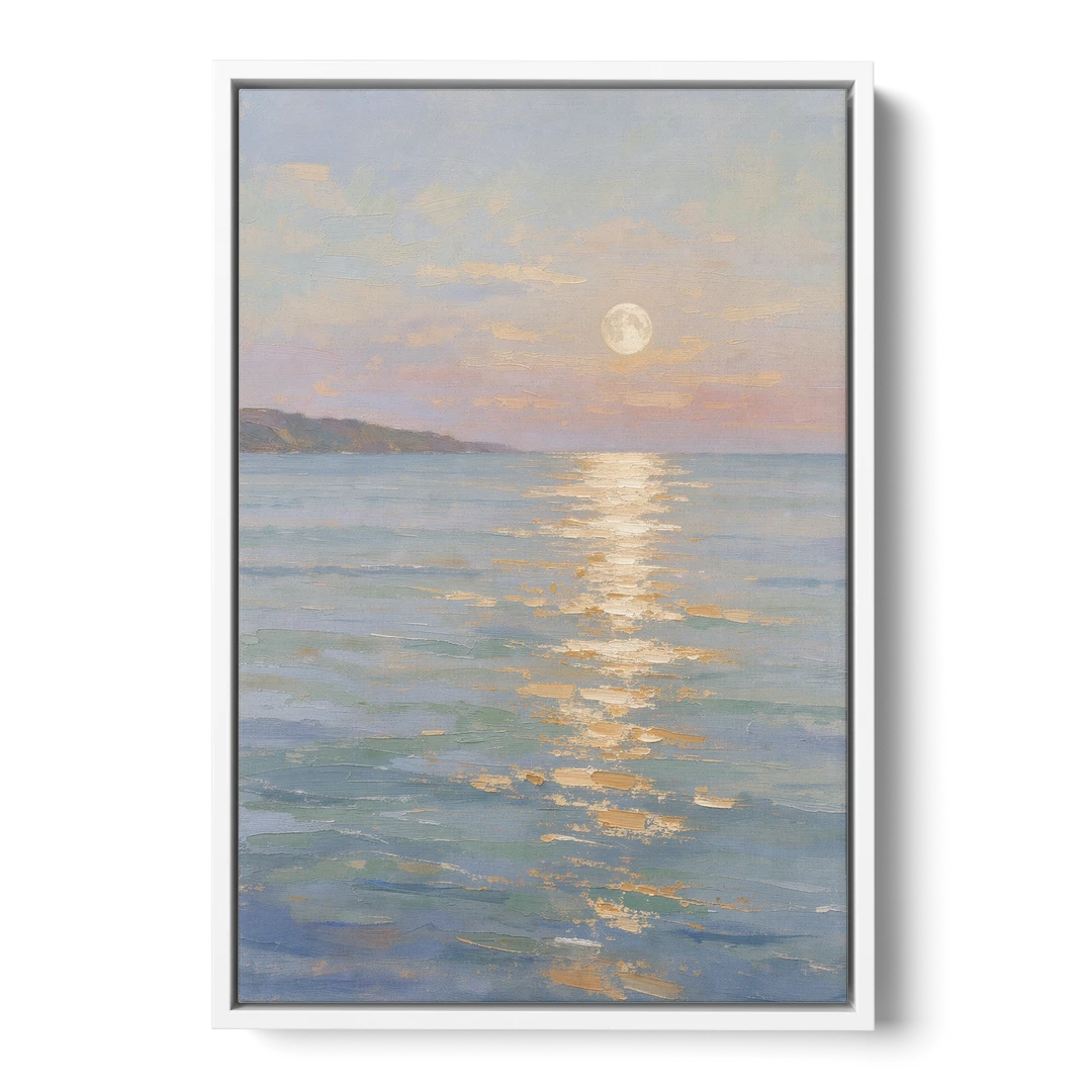 Coastal Art Prints Moon Path Over Calm Sea - White Framed Canvas Wall Art - Front