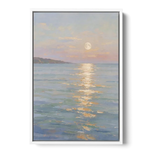 Coastal Art Prints Moon Path Over Calm Sea - White Framed Canvas Wall Art - Front