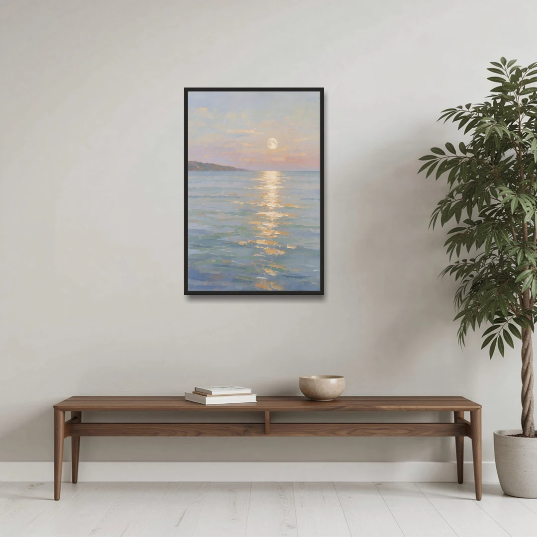 Coastal Art Prints Moon Path Over Calm Sea - Black Framed Canvas Wall Art - Coffee Table - 24x36