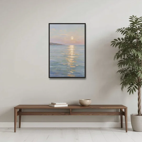 Coastal Art Prints Moon Path Over Calm Sea - Black Framed Canvas Wall Art - Coffee Table - 24x36