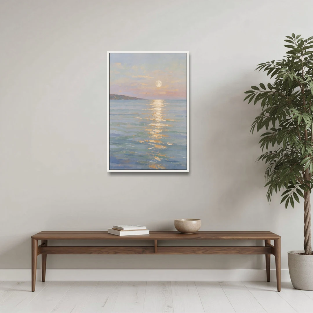 Coastal Art Prints Moon Path Over Calm Sea - White Framed Canvas Wall Art - Coffee Table - 24x36