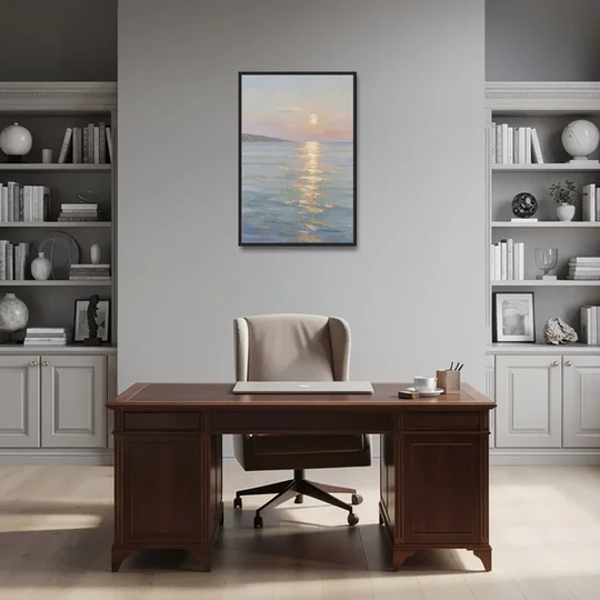 Coastal Art Prints Moon Path Over Calm Sea - Black Framed Canvas Wall Art - Office - 24x36