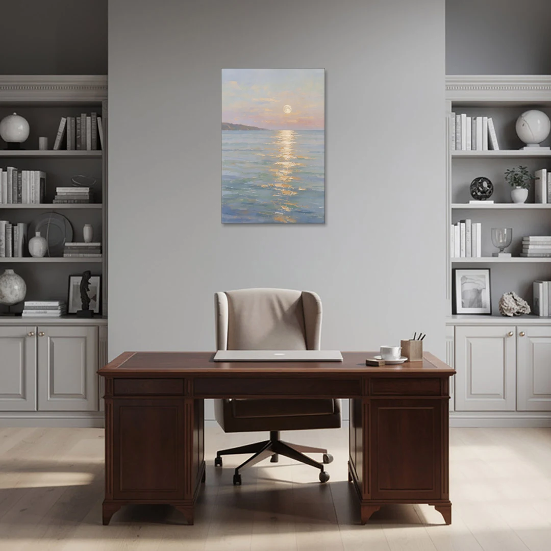 Coastal Art Prints Moon Path Over Calm Sea - Canvas Wall Art - Office - 24x36