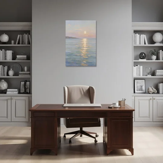 Coastal Art Prints Moon Path Over Calm Sea - Canvas Wall Art - Office - 24x36