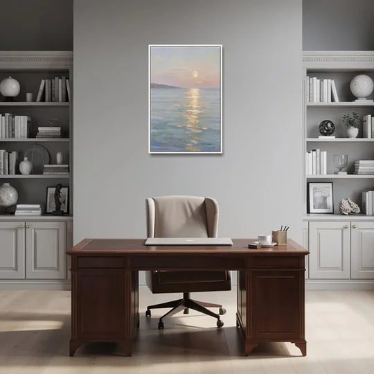 Coastal Art Prints Moon Path Over Calm Sea - White Framed Canvas Wall Art - Office - 24x36