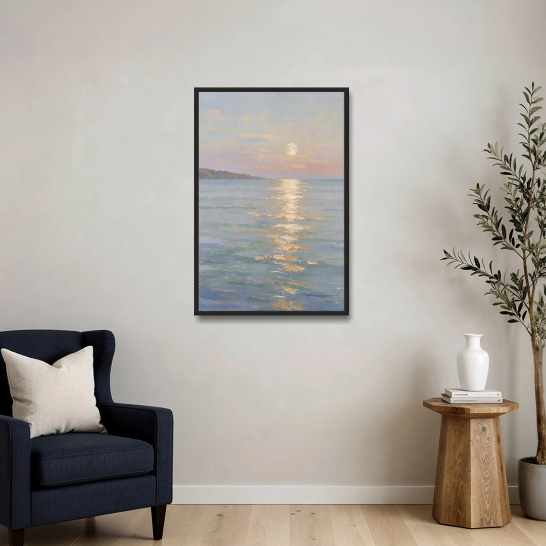 Coastal Art Prints Moon Path Over Calm Sea - Black Framed Canvas Wall Art - Sofa - 24x36