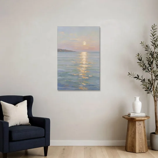 Coastal Art Prints Moon Path Over Calm Sea - Canvas Wall Art - Sofa - 24x36