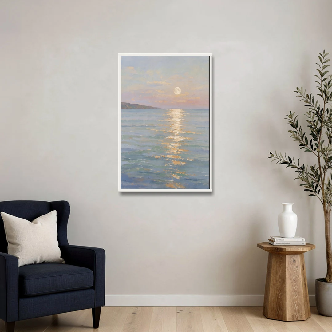 Coastal Art Prints Moon Path Over Calm Sea - White Framed Canvas Wall Art - Sofa - 24x36