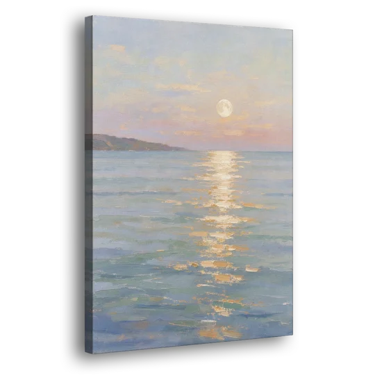 Coastal Art Prints Moon Path Over Calm Sea - Canvas Wall Art - Side