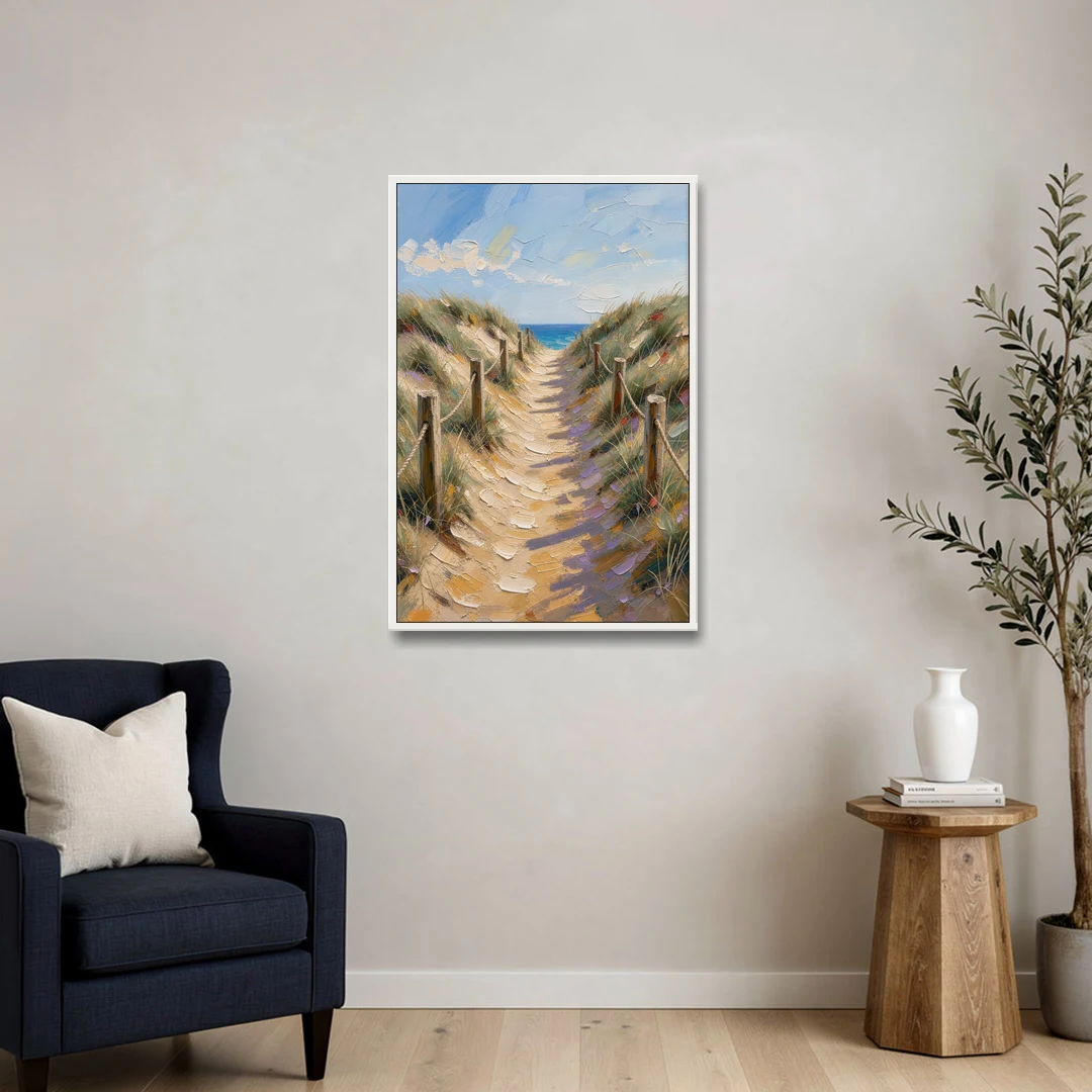 Coastal Beach Path Over the Dune Crest - White Framed Canvas Wall Art - Sofa - 24x36