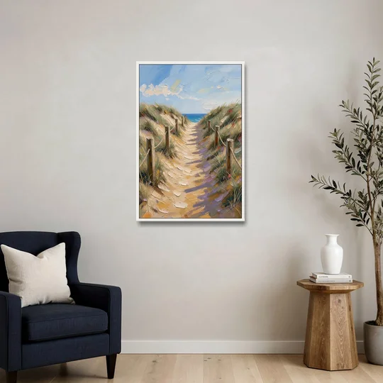 Coastal Beach Path Over the Dune Crest - White Framed Canvas Wall Art - Sofa - 24x36