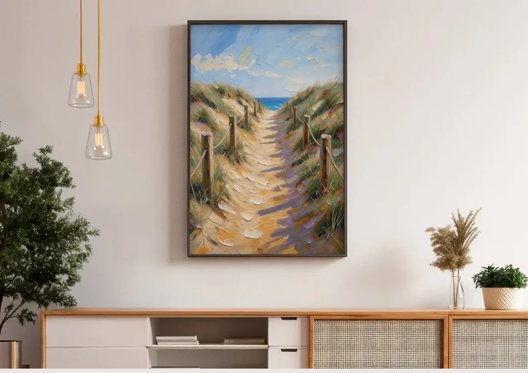 Coastal Beach Path Over the Dune Crest canvas wall art above a wooden sideboard under pendant lights