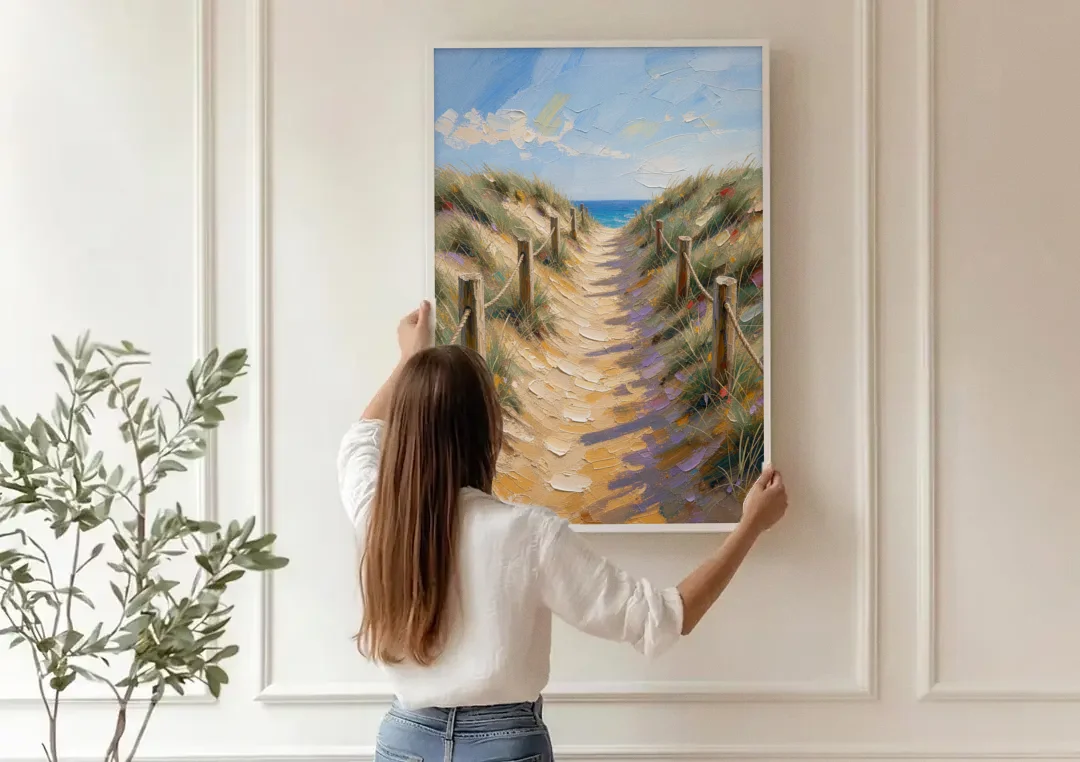 Coastal Beach Path Over the Dune Crest canvas wall art being hung on a paneled wall