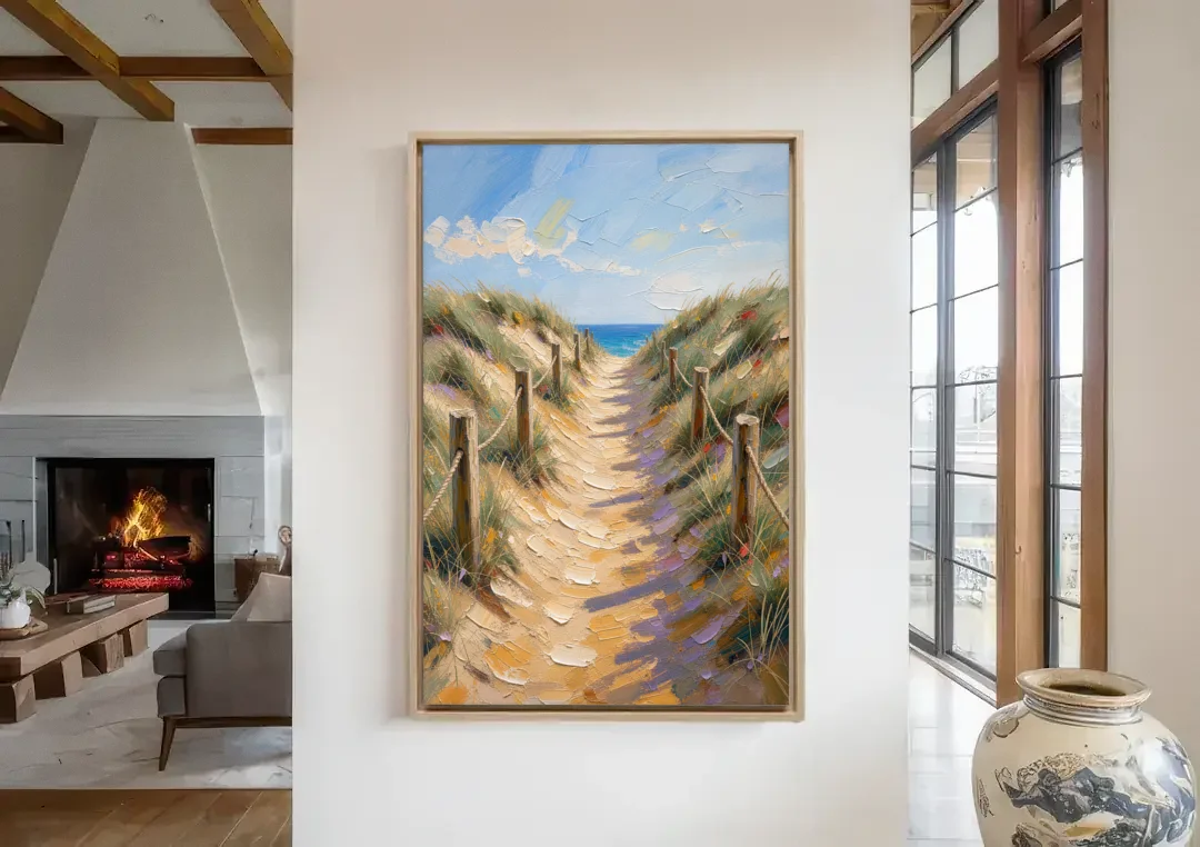 Coastal Beach Path Over the Dune Crest canvas wall art in a living room with a fireplace