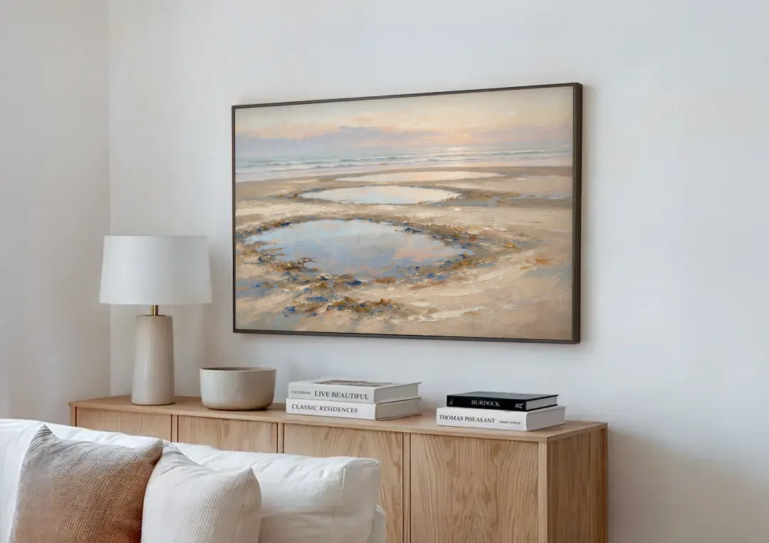 Coastal Bedroom Decor with Dawn Tide Pools canvas wall art above a wooden sideboard next to a sofa