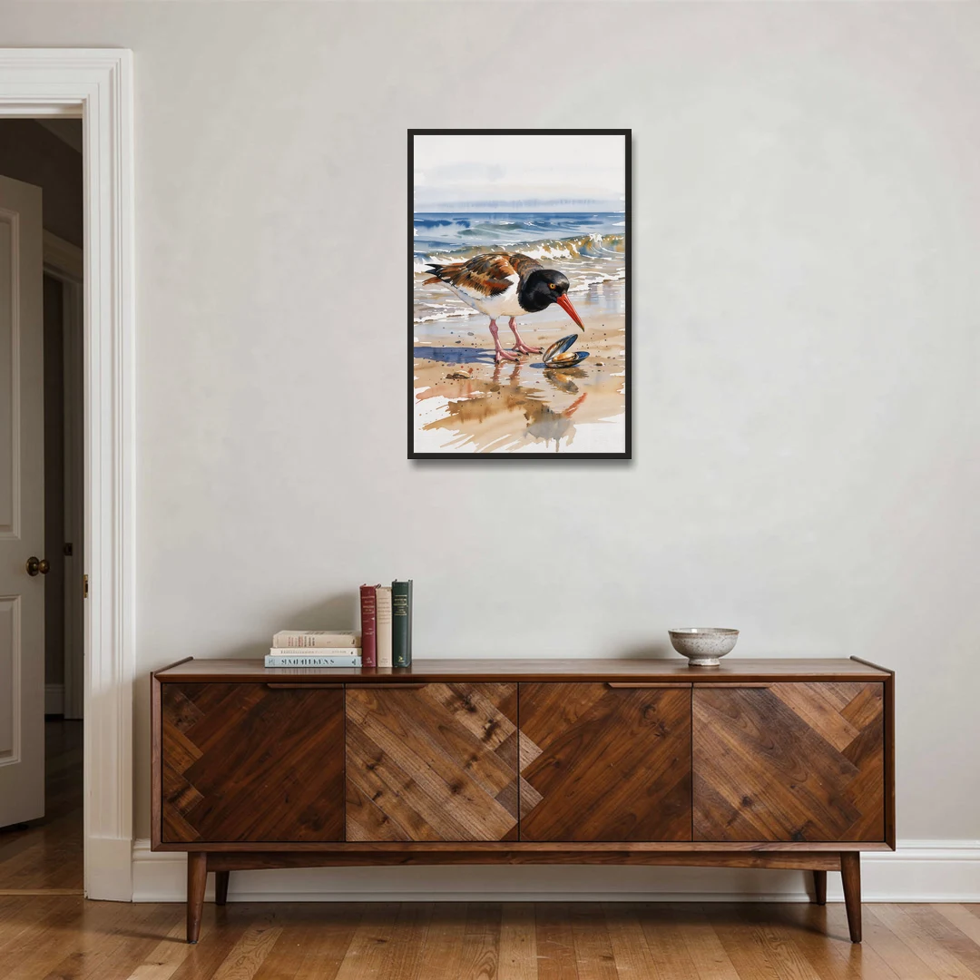 Coastal Bird Oystercatcher and the Open Mussel - Black Framed Canvas Wall Art - Coffee Table - 24x36