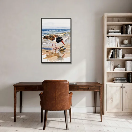 Coastal Bird Oystercatcher and the Open Mussel - Black Framed Canvas Wall Art - Office - 24x36