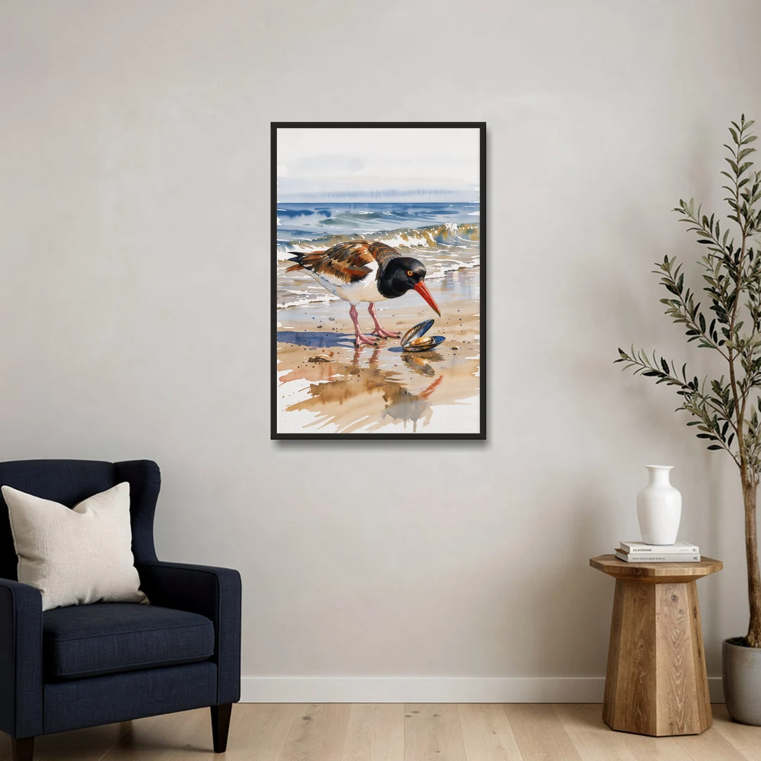 Coastal Bird Oystercatcher and the Open Mussel - Black Framed Canvas Wall Art - Sofa - 24x36