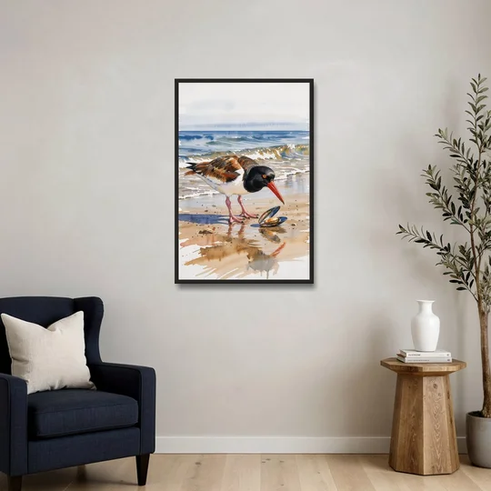 Coastal Bird Oystercatcher and the Open Mussel - Black Framed Canvas Wall Art - Sofa - 24x36