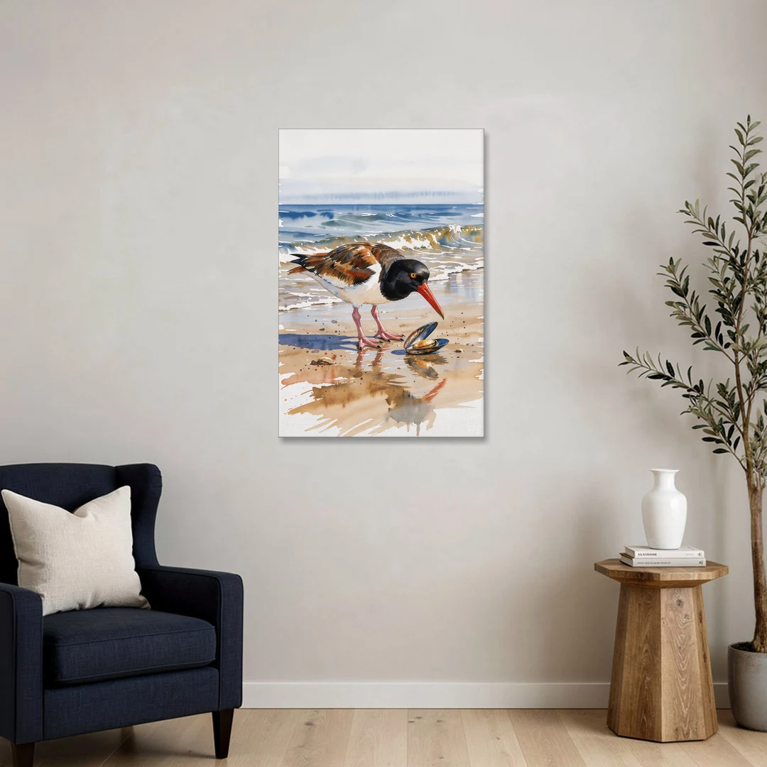 Coastal Bird Oystercatcher and the Open Mussel - Canvas Wall Art - Sofa - 24x36