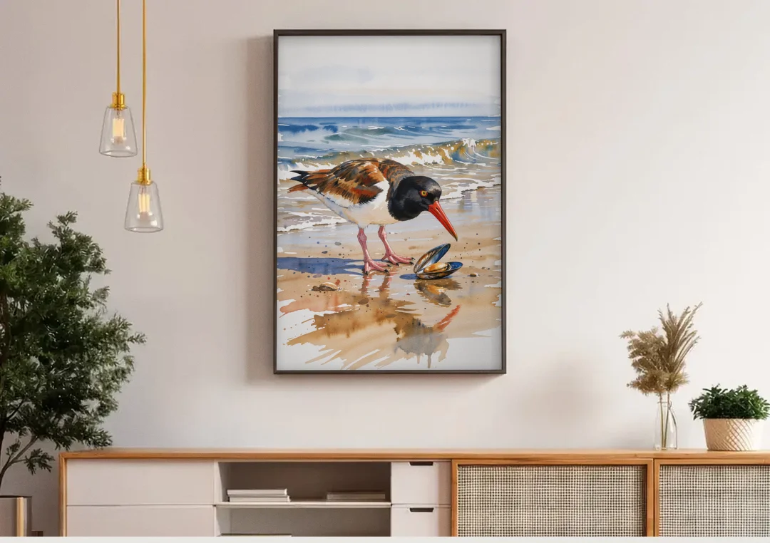 Coastal Bird Oystercatcher and the Open Mussel canvas wall art above a wooden sideboard under pendant lights