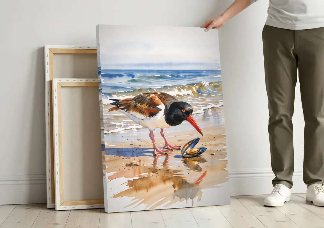 Coastal Bird Oystercatcher and the Open Mussel canvas wall art leaning against a wall next to blank canvases