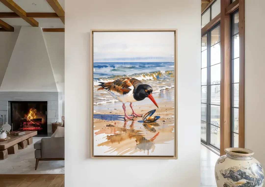 Coastal Bird Oystercatcher and the Open Mussel canvas wall art in a living room with a fireplace