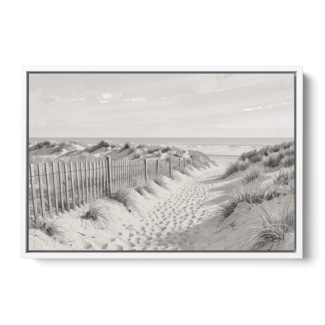 Coastal Black and White Dune Path to the Sea - White Framed Canvas Wall Art - Front