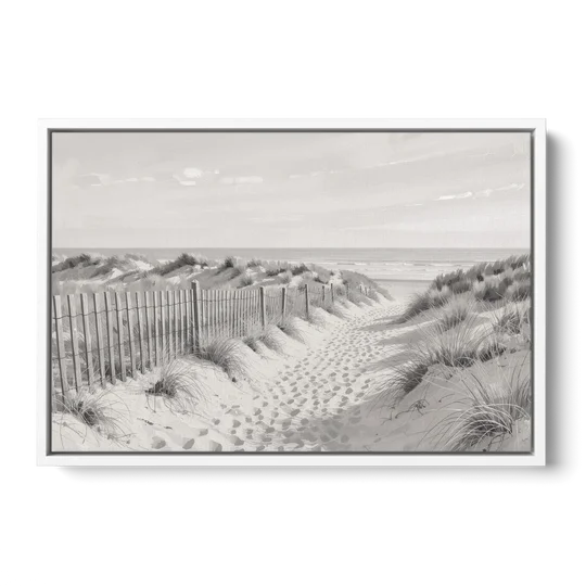 Coastal Black and White Dune Path to the Sea - White Framed Canvas Wall Art - Front