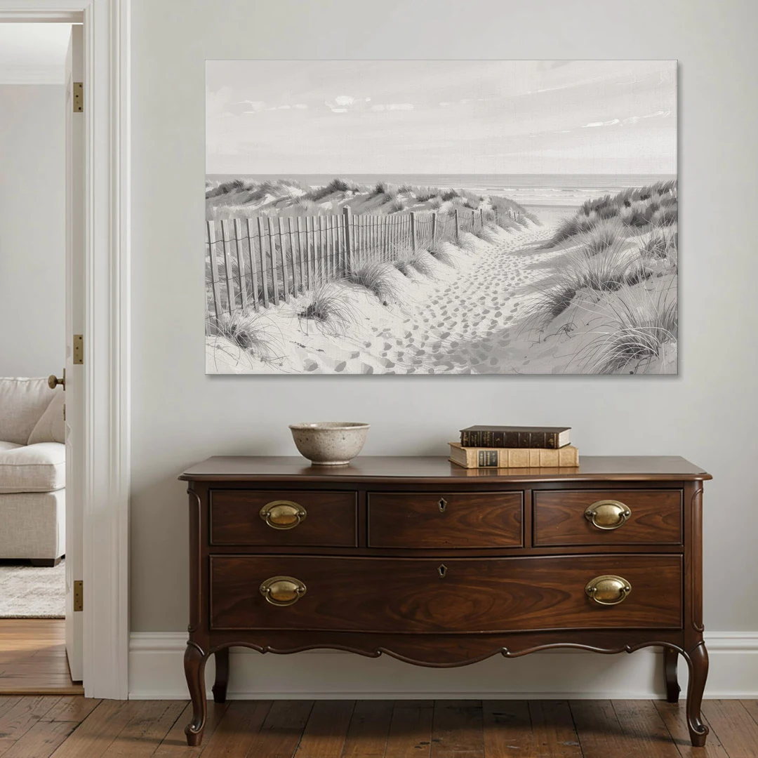Coastal Black and White Dune Path to the Sea - Canvas Wall Art - Coffee Table - 60x40