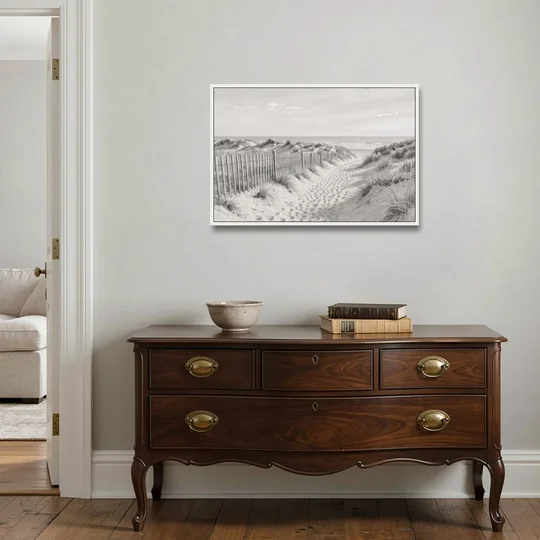 Coastal Black and White Dune Path to the Sea - White Framed Canvas Wall Art - Coffee Table - 36x24