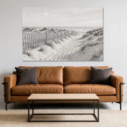 Coastal Black and White Dune Path to the Sea - Canvas Wall Art - Sofa - 60x40