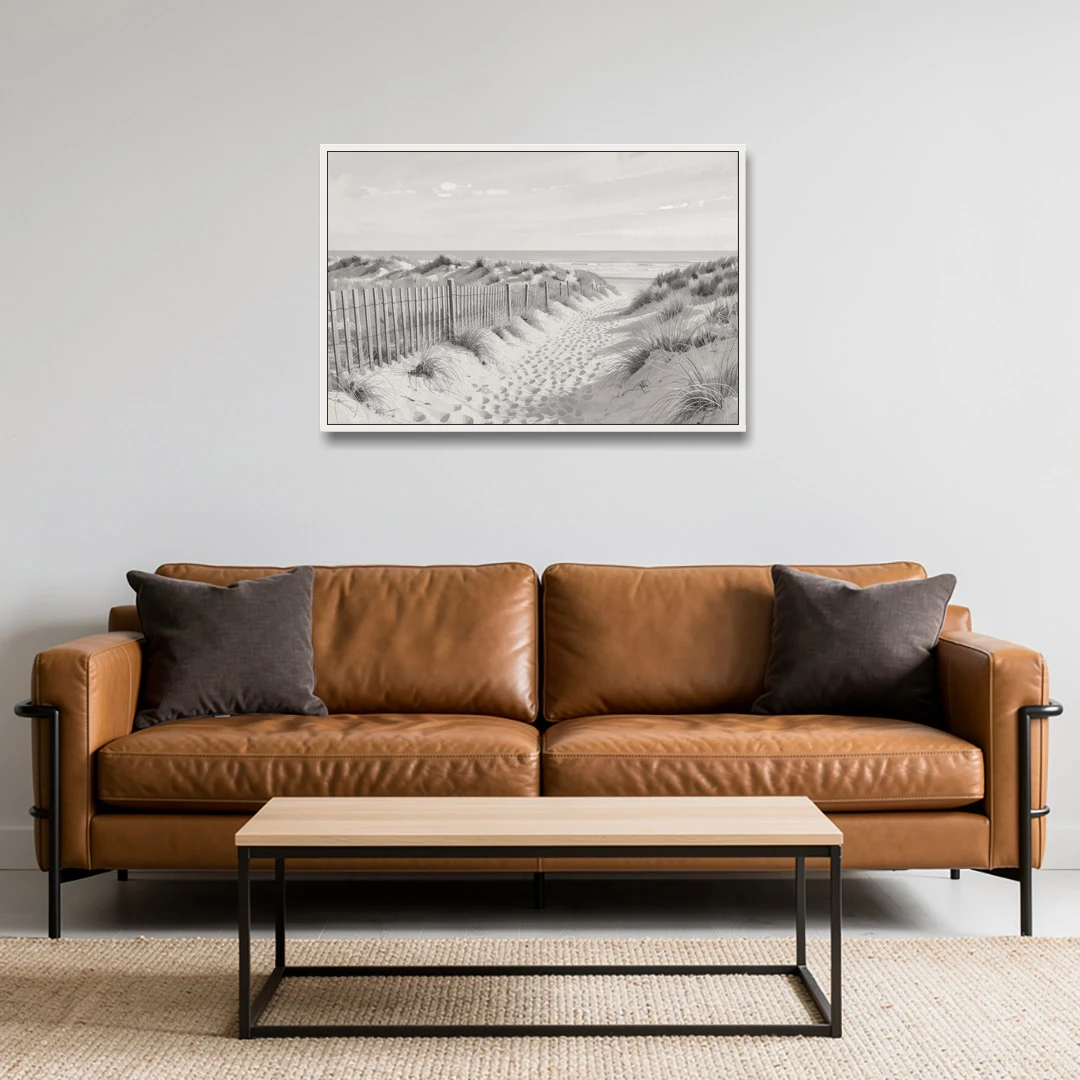 Coastal Black and White Dune Path to the Sea - White Framed Canvas Wall Art - Sofa - 36x24