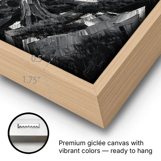 Coastal Black and White Windswept Cypress on the Cliff - Oak Framed Canvas Wall Art - Gallery Wrap Corner