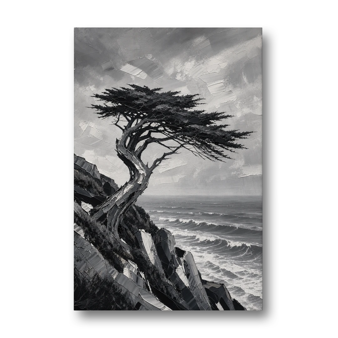 Coastal Black and White Windswept Cypress on the Cliff - Canvas Wall Art - Front