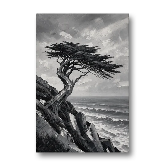 Coastal Black and White Windswept Cypress on the Cliff - Canvas Wall Art - Front