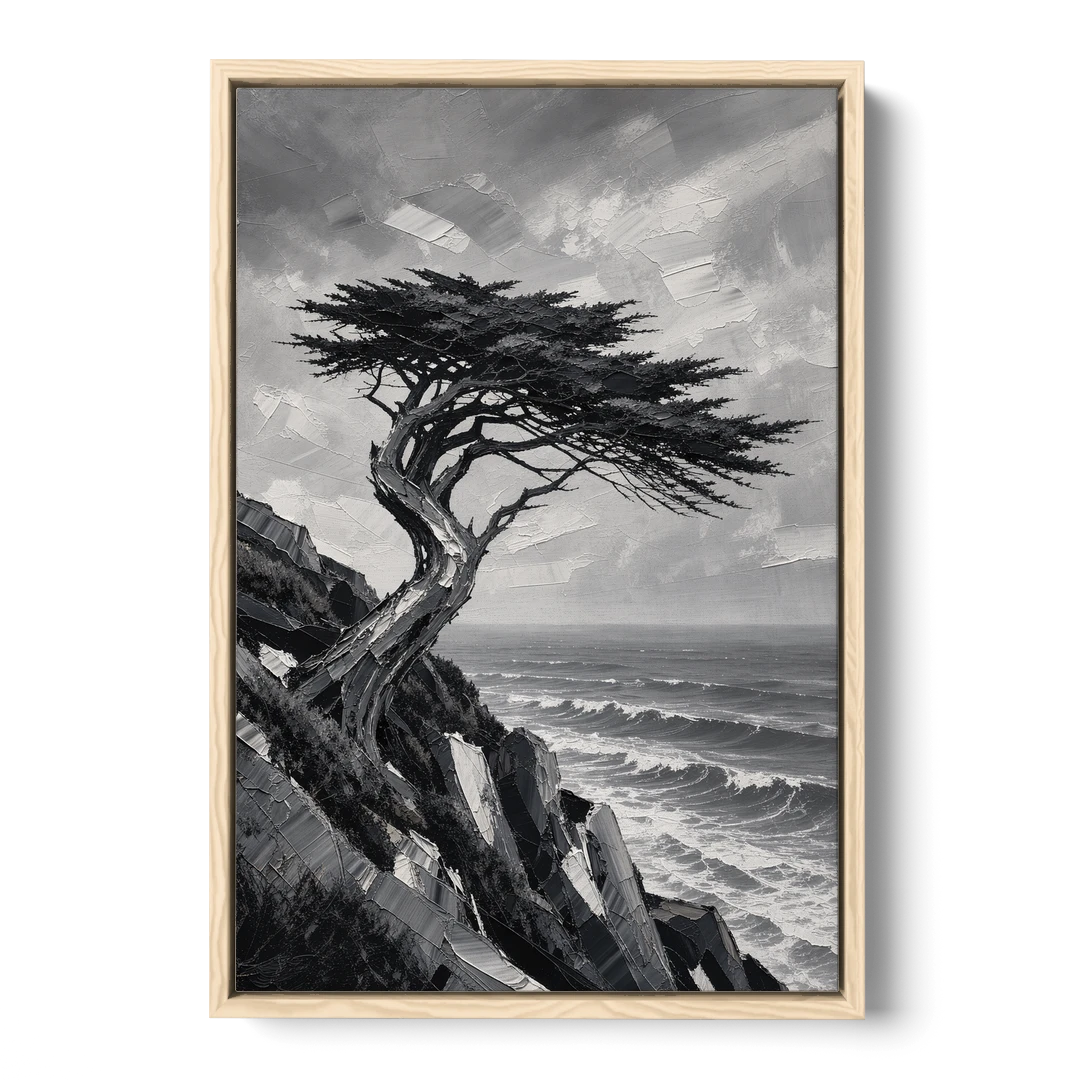 Coastal Black and White Windswept Cypress on the Cliff - Oak Framed Canvas Wall Art - Front