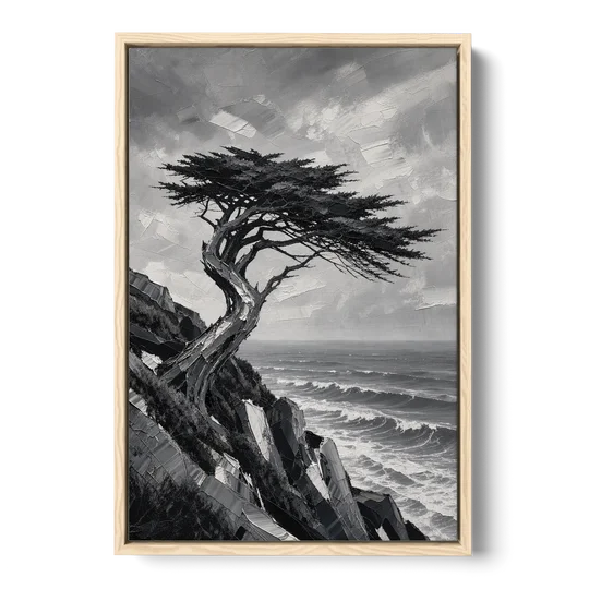 Coastal Black and White Windswept Cypress on the Cliff - Oak Framed Canvas Wall Art - Front