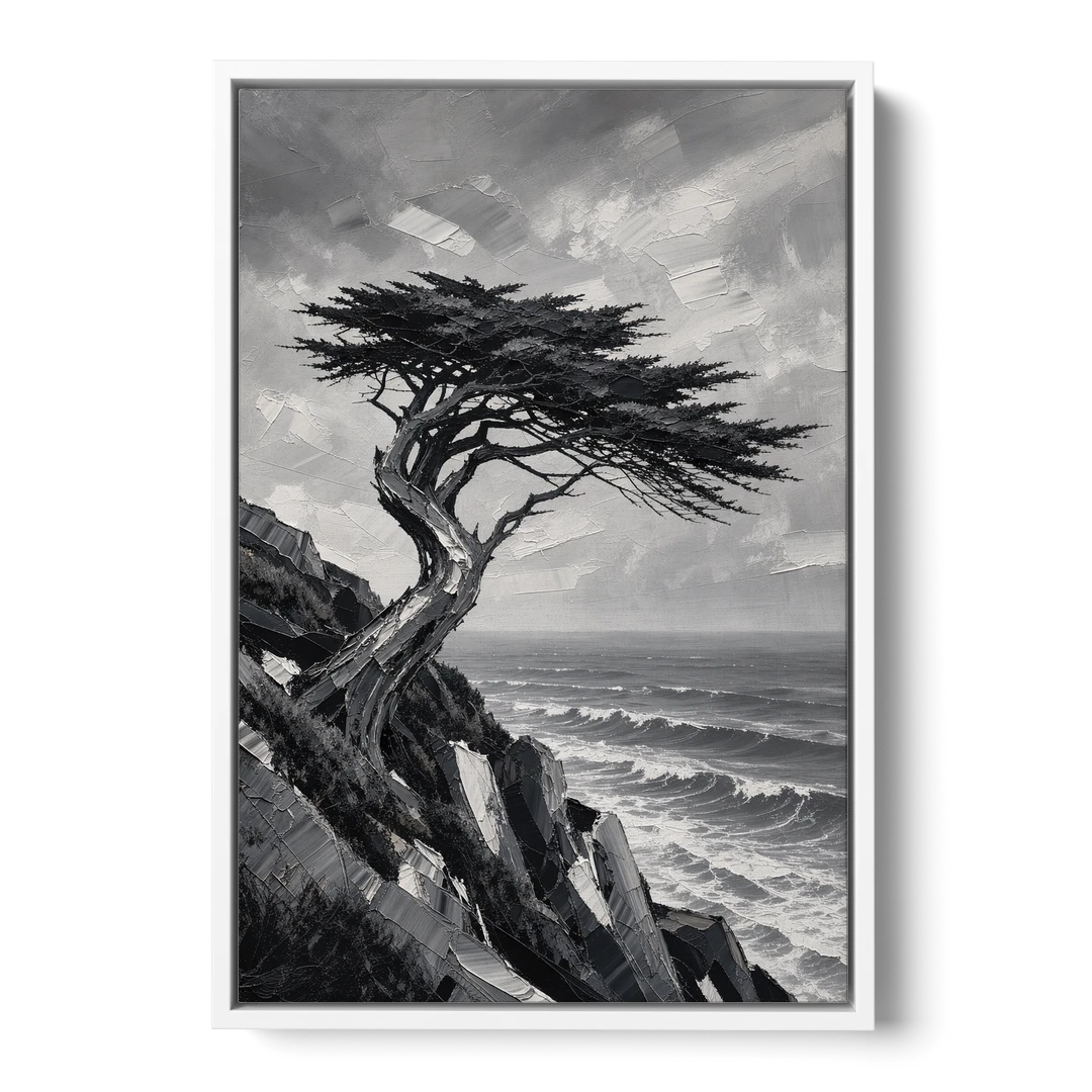 Coastal Black and White Windswept Cypress on the Cliff - White Framed Canvas Wall Art - Front