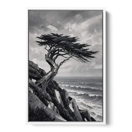 Coastal Black and White Windswept Cypress on the Cliff - White Framed Canvas Wall Art - Front
