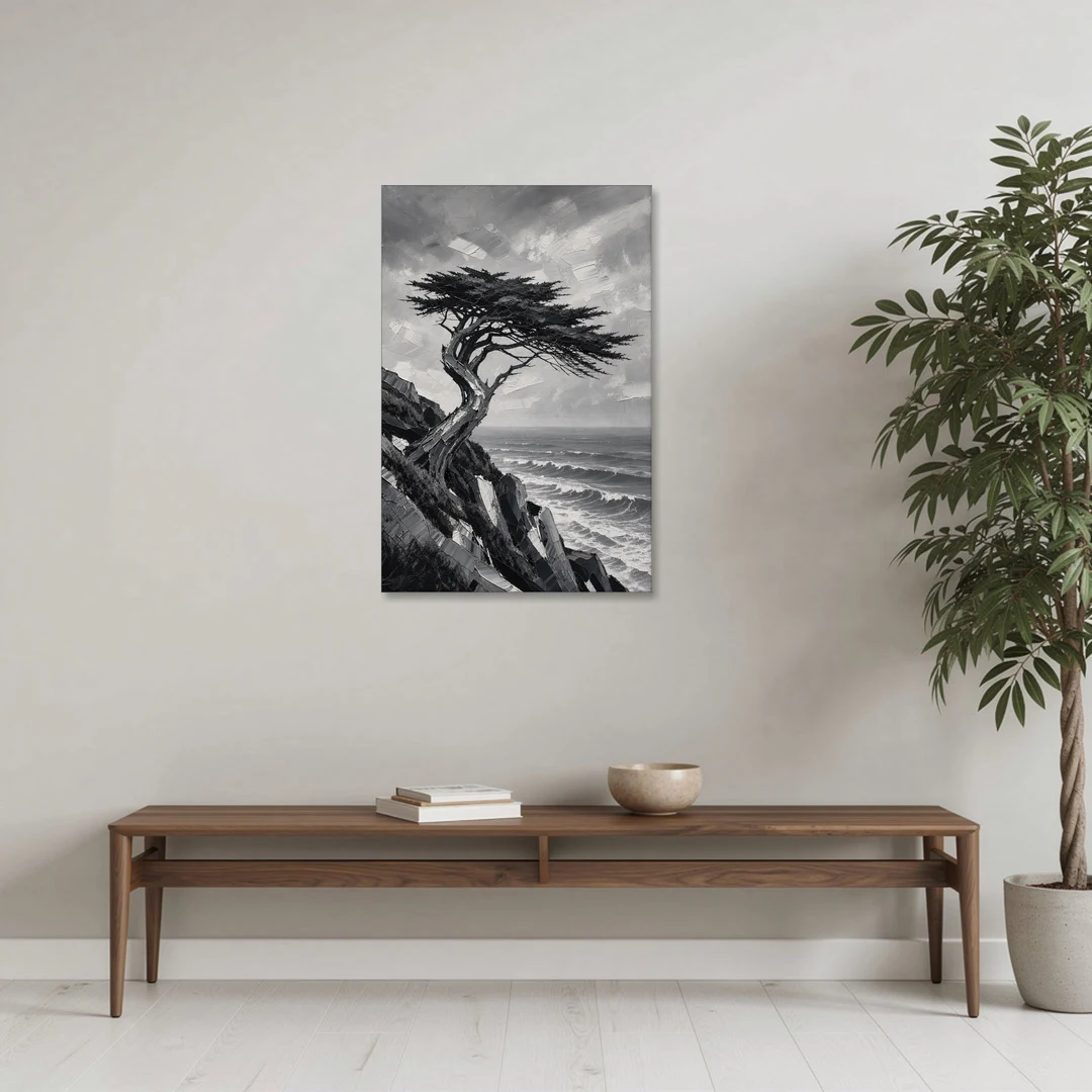 Coastal Black and White Windswept Cypress on the Cliff - Canvas Wall Art - Coffee Table - 24x36