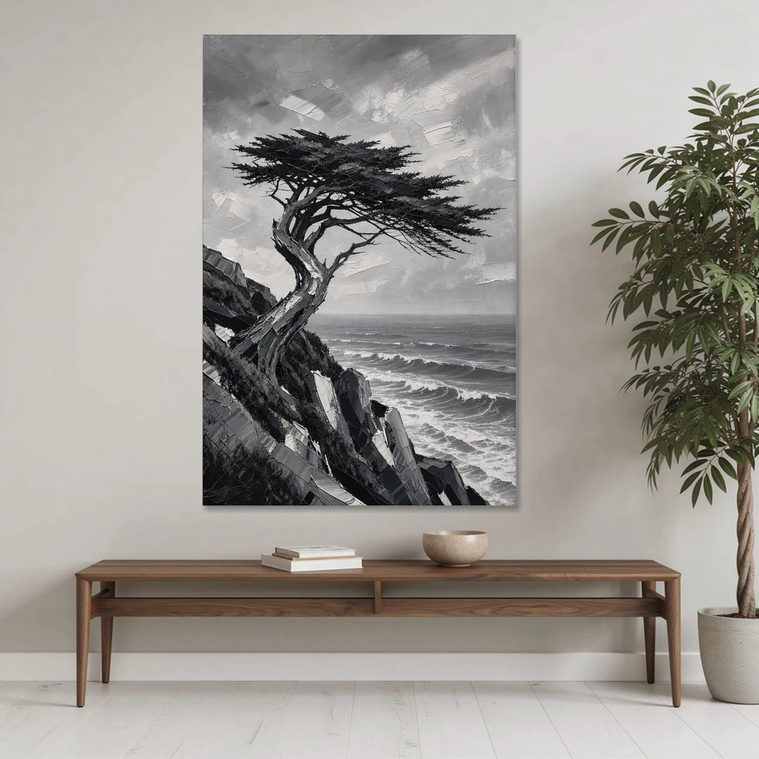 Coastal Black and White Windswept Cypress on the Cliff - Canvas Wall Art - Coffee Table - 40x60