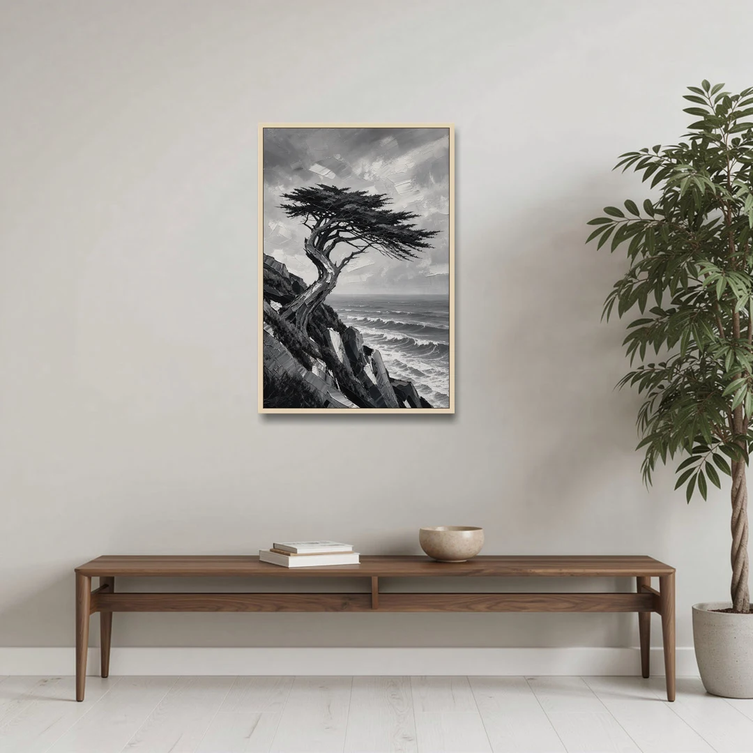 Coastal Black and White Windswept Cypress on the Cliff - Oak Framed Canvas Wall Art - Coffee Table - 24x36