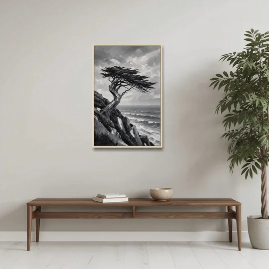 Coastal Black and White Windswept Cypress on the Cliff - Oak Framed Canvas Wall Art - Coffee Table - 24x36