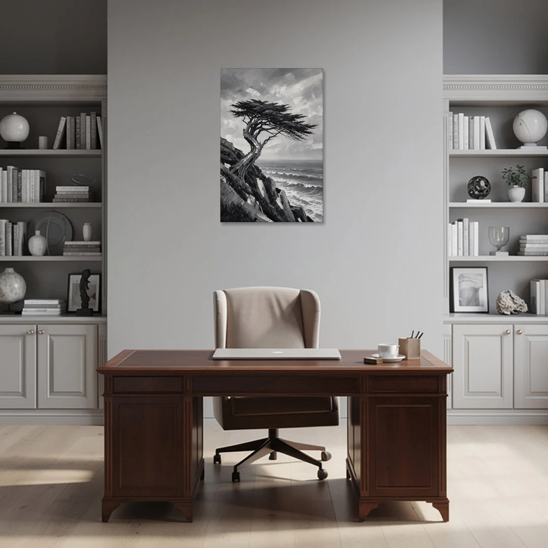 Coastal Black and White Windswept Cypress on the Cliff - Canvas Wall Art - Office - 24x36