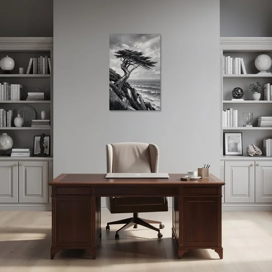 Coastal Black and White Windswept Cypress on the Cliff - Canvas Wall Art - Office - 24x36