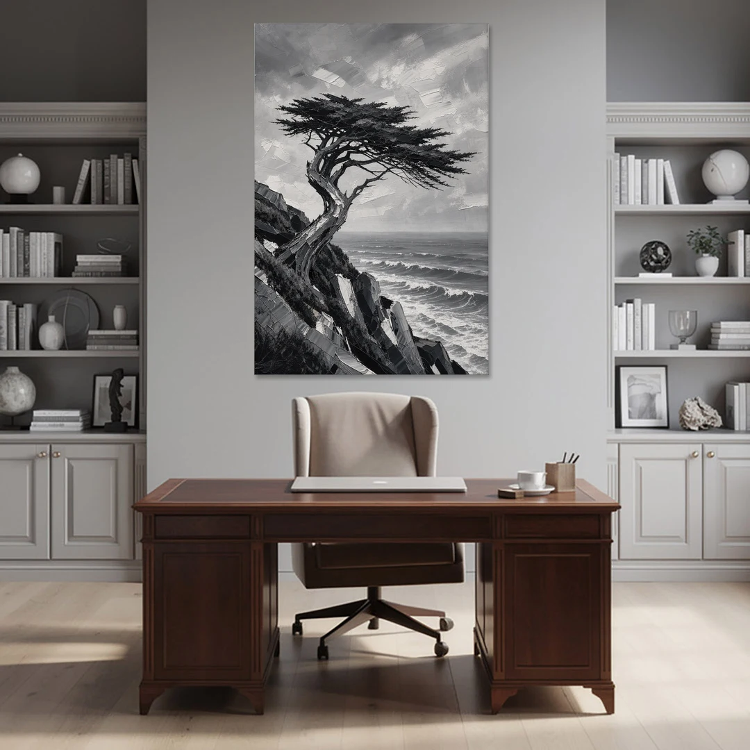 Coastal Black and White Windswept Cypress on the Cliff - Canvas Wall Art - Office - 40x60