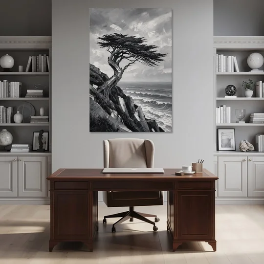 Coastal Black and White Windswept Cypress on the Cliff - Canvas Wall Art - Office - 40x60