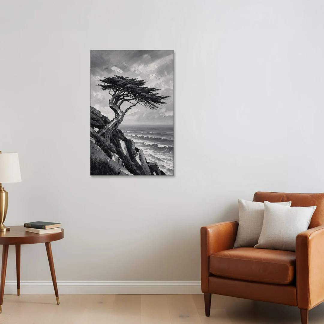 Coastal Black and White Windswept Cypress on the Cliff - Canvas Wall Art - Sofa - 24x36